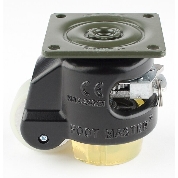 Foot Master Leveling Caster, Ratchet, 50 mm PU Wheel, 73x73 mm Plate, Swivel, 250 kg Cap, PU Foot Pad, Black GDR-60-F-HUP-CUR-FBL - main